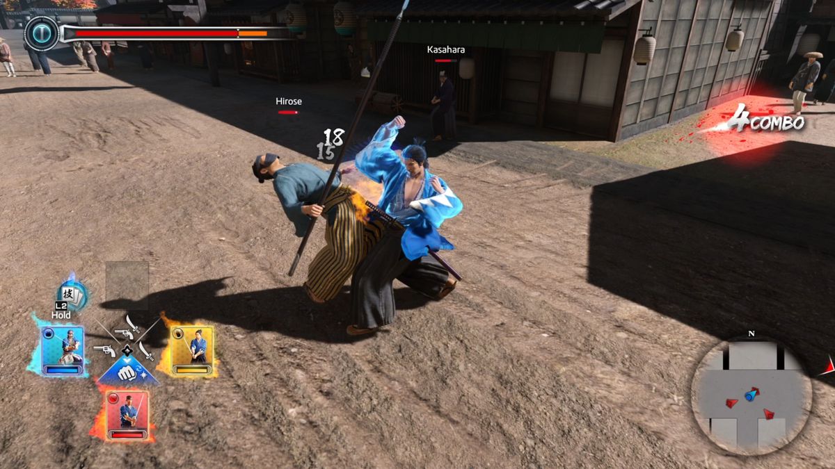 Ryoma Sakamoto usa lo stile di combattimento rissa contro un nemico in Like a Dragon: Ishin!