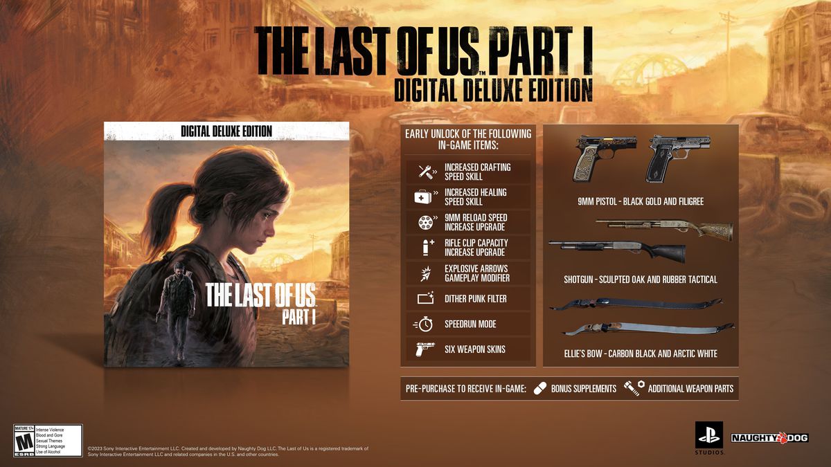 Questo screenshot mostra tutti i cosmetici e i vantaggi del gioco inclusi in The Last of Us Part I su PC.