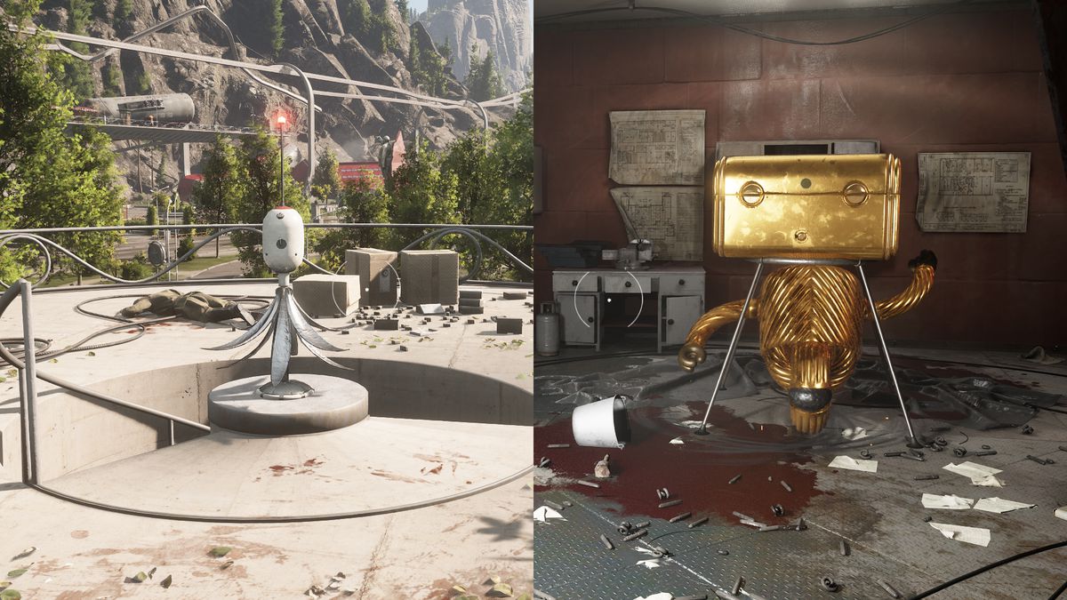 Gli screenshot di Atomic Heart mostrano un terminale su una torre e una cassa d'oro in una prigione sotterranea.