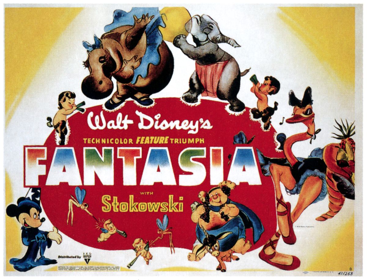 Un poster a mezzo foglio del 1940 per il film d'animazione della Disney Fantasia, con Topolino e altri personaggi senza nome dei vari segmenti del film che si divertono intorno al titolo