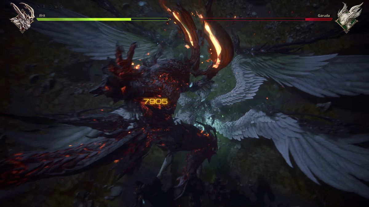 Ifrit colpisce un Garuda abbattuto in una battaglia Eikon Clash in Final Fantasy 16