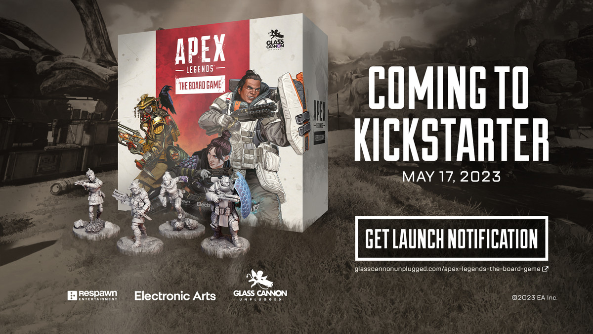 Un'immagine promozionale per Apex Legends: il gioco da tavolo.  Il testo dice che il gioco arriverà su Kickstarter il 17 maggio 2023. L'immagine mostra la scatola del gioco e quattro figurine in miniatura utilizzate nel gioco.