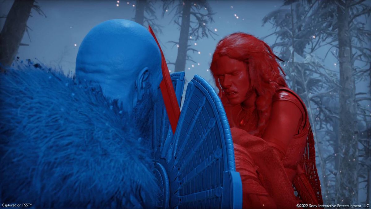 Un'immagine di Kratos che combatte contro Freya in God of War Ragnarok.  Kratos è colorato con un colore blu opaco e Freya è evidenziata con un colore rosso opaco.  Puoi distinguere chiaramente i due a parte in un ambiente piuttosto buio e innevato. 