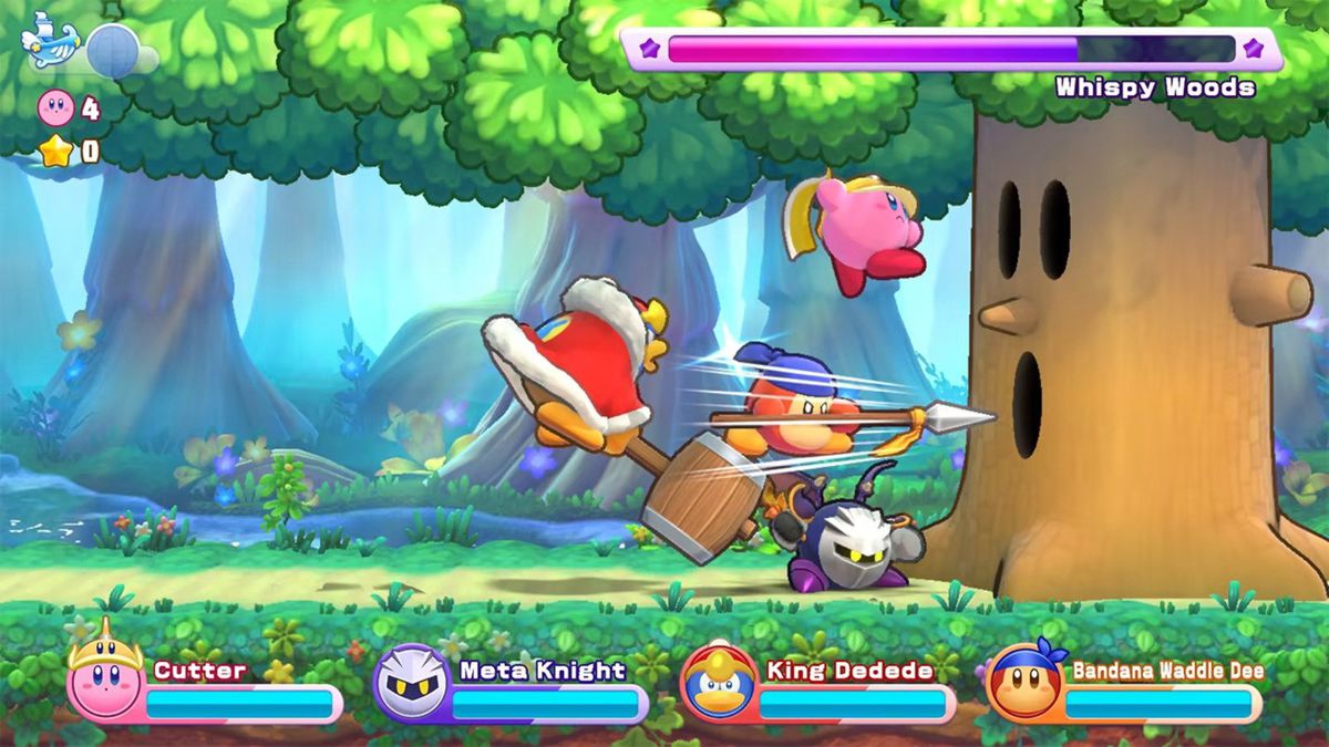 Kirby, Meta Knight e i suoi amici attaccano un albero in Kirby's Return to Dream Land Deluxe