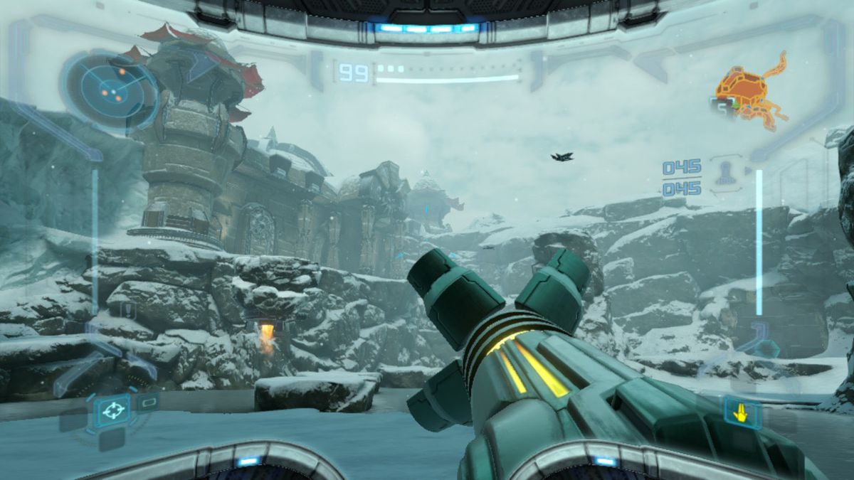 Samus punta il suo lanciamissili verso il cielo in un ambiente innevato in Metroid Prime Remastered