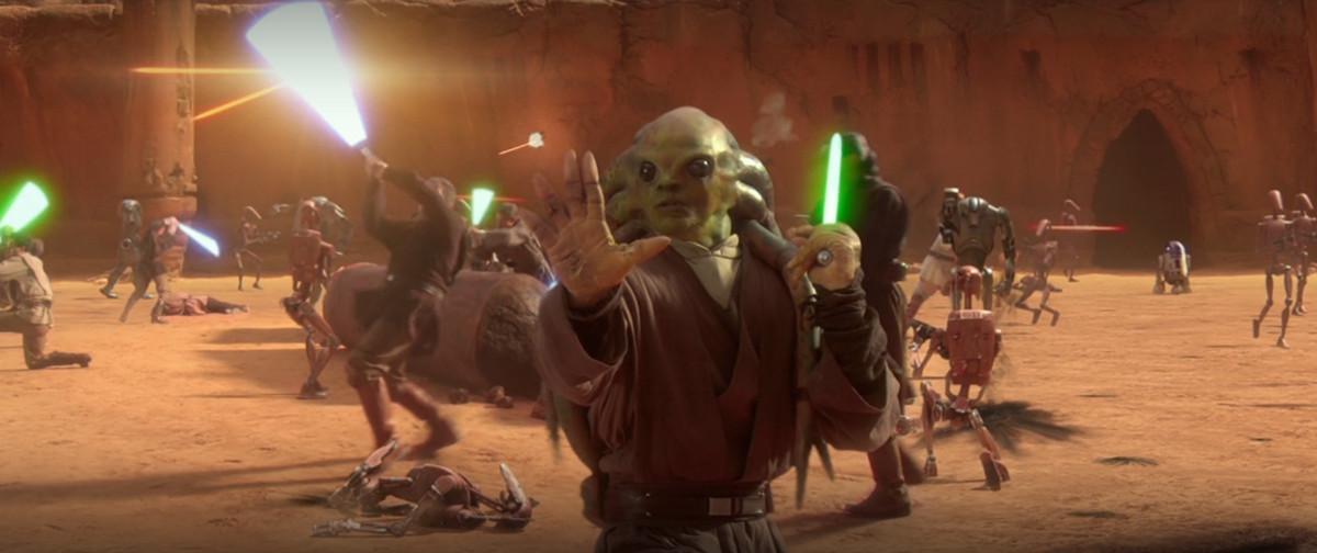 Kit Fisto usa la Forza nella versione droide da battaglia di C-3PO in Star Wars: Attack of the Clones
