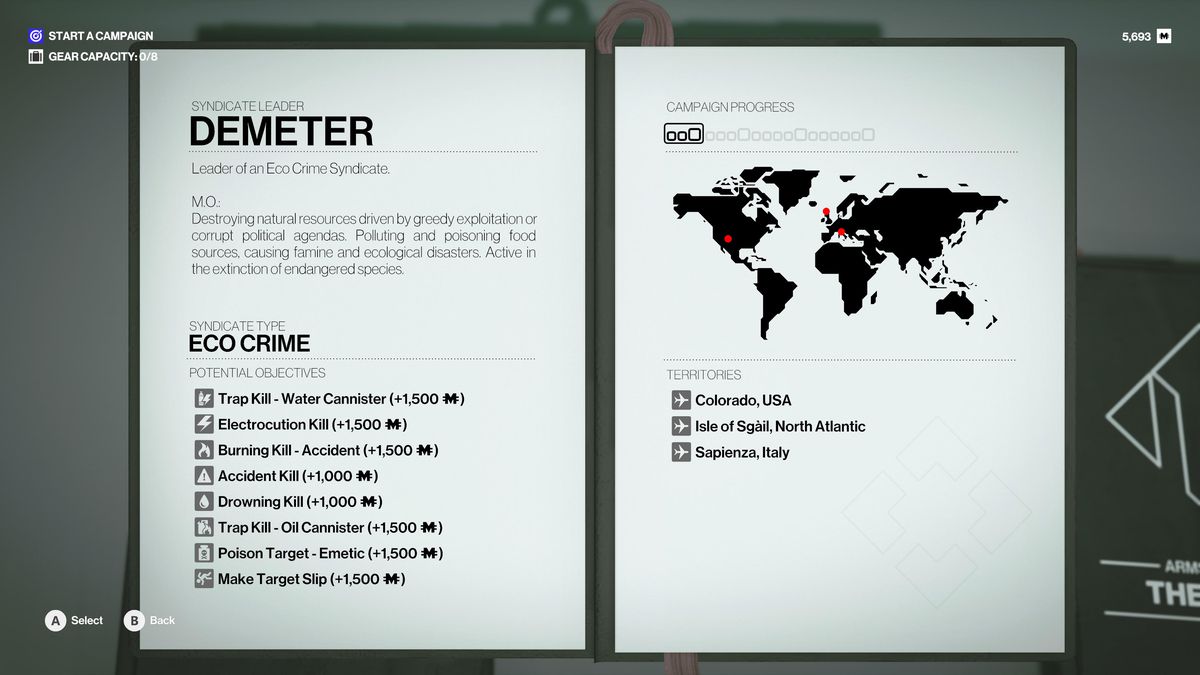 La schermata del briefing, completa di obiettivi e posizioni opzionali, per un sindacato nella modalità Freelancer di Hitman World of Assassination