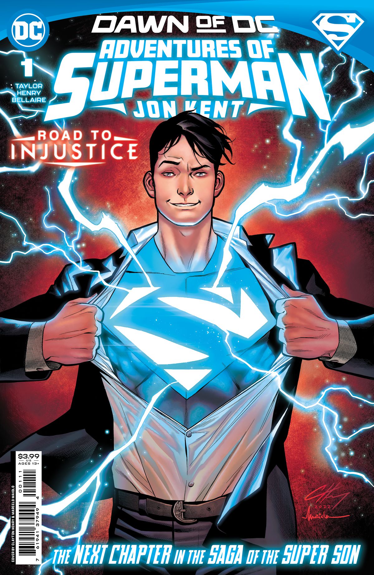 Jon Kent / Superman si apre la giacca per rivelare un simbolo blu di Superman con l'elettricità che ne esce sulla copertina di Adventures of Superman: Jon Kent # 1 (2023).