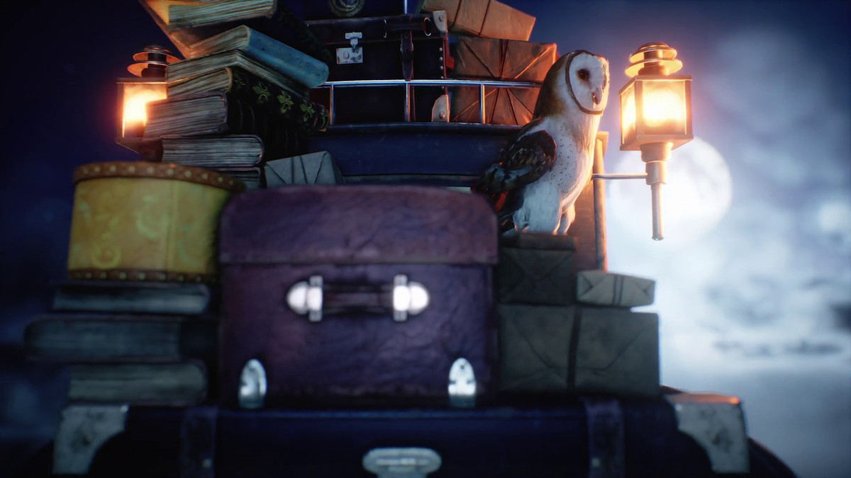un gufo appollaiato su un carrello pieno di valigie in Hogwarts Legacy