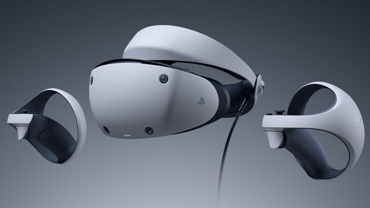 PlayStation VR 2, con i controller VR 2 Sense che fluttuano accanto ad essa