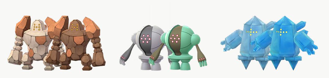 Shiny Regirock, Registeel e Regice, con le loro forme regolari in Pokémon Go