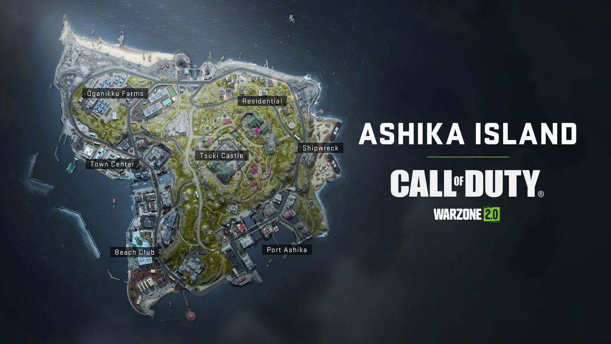 Visualizzazione mappa che evidenzia i punti di interesse per la mappa di Warzone 2.0 Ashika Island