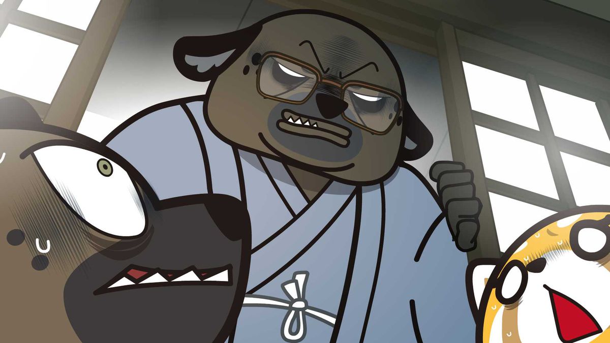 Il prepotente padre di haida, una grande iena con una tunica, fissa con rabbia haida e retsuko, che entrambi guardano in su impauriti