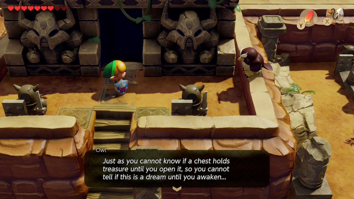 Link parla con la civetta Kaepora Gaebora in The Legend of Zelda: Link's Awakening remake su Switch