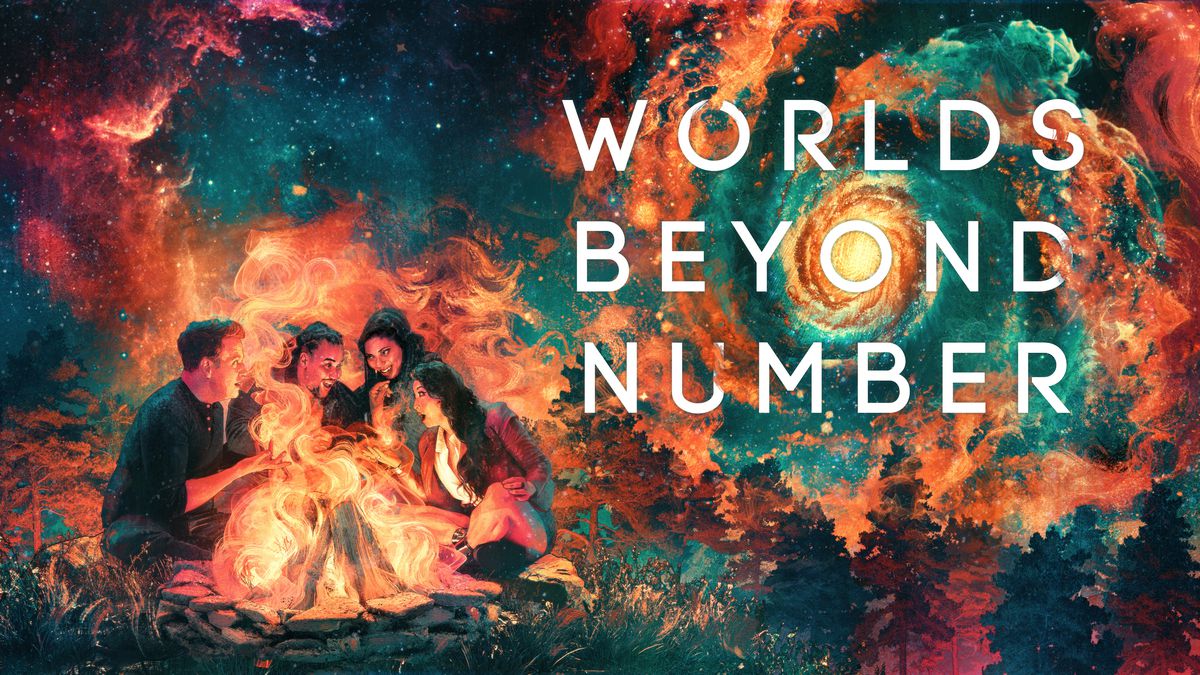 Brennan Lee Mulligan e altri siedono intorno a un falò stilizzato nell'arte della pittura a olio per Worlds Beyond Number.