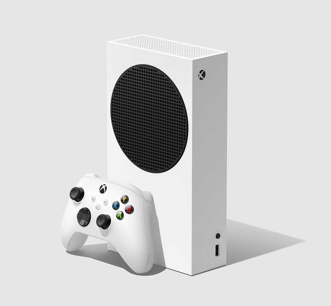 un rendering del prodotto dall'angolo anteriore/superiore di Xbox Series S in verticale con un controller in piedi contro di esso