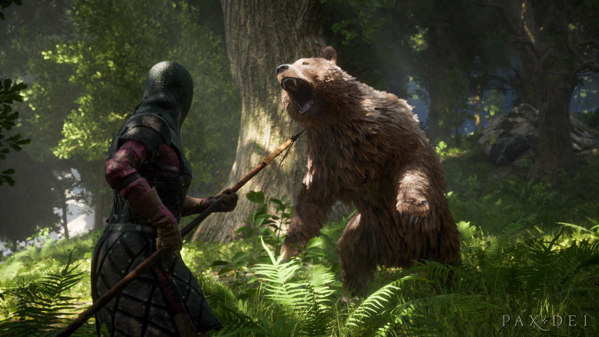 Un giocatore con una lancia combatte un orso in una foresta.