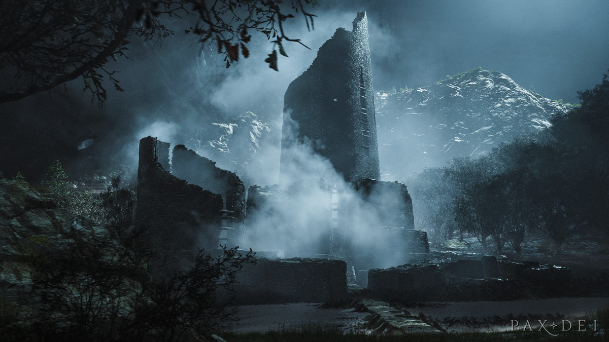 Un castello vagamente irlandese, le sue torri mozzate ad angoli di 45 gradi.  Una nebbia avvolge la struttura, rivelando un minuscolo ponte al suo ingresso.