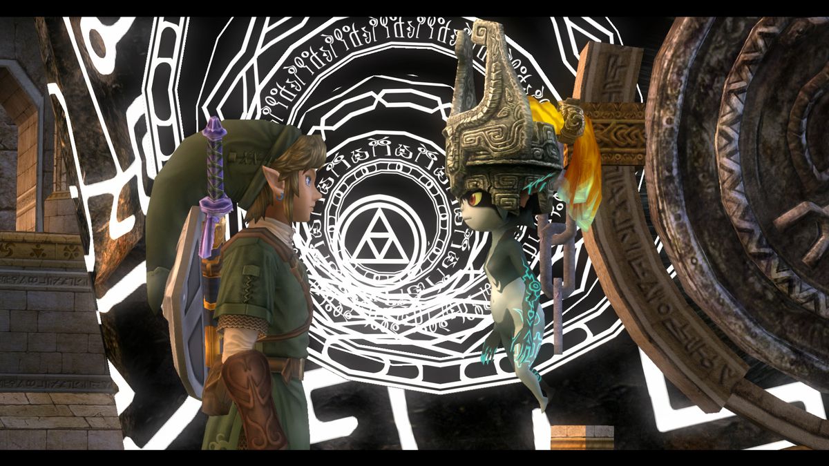 Link e Midna di The Legend of Zelda: Twilight Princess davanti a un portale.