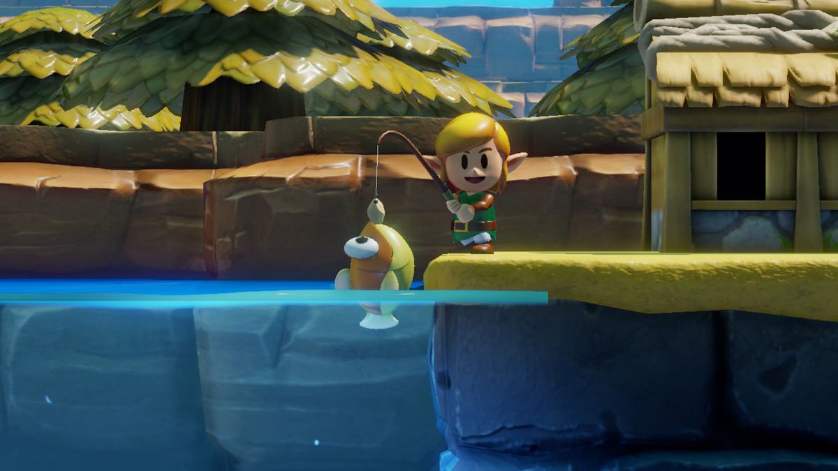 Link da The Legend of Zelda: Link's Awakening che cattura un pesce