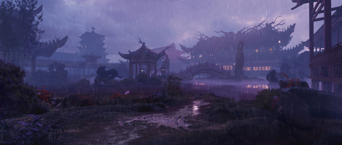 un cortile spazzato dalla pioggia in Wo Long: Fallen Dynasty