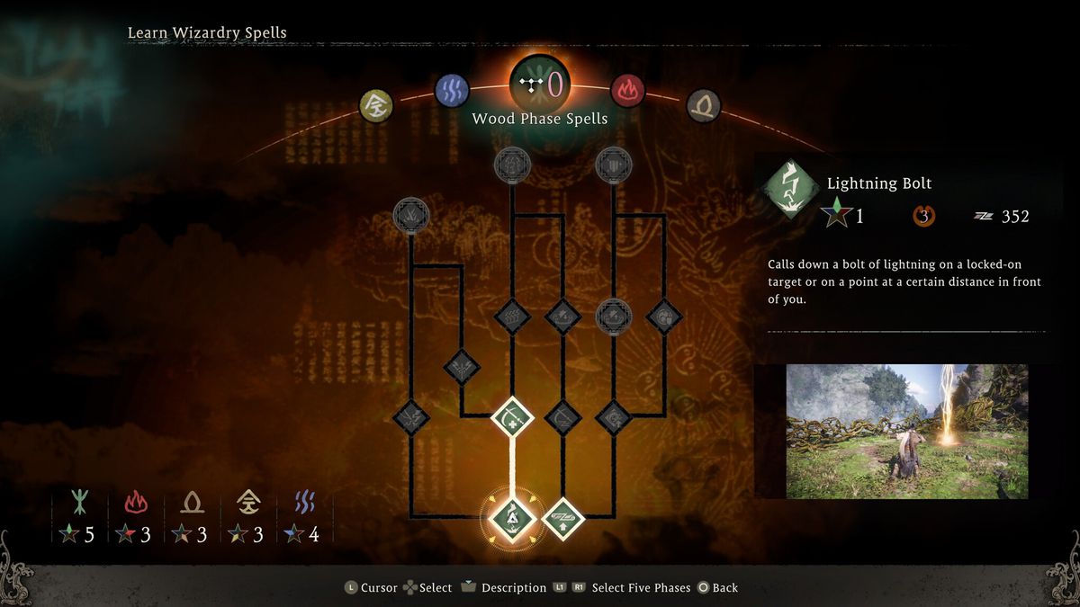 La schermata di progressione che rappresenta i cinque elementi in Wo Long: Fallen Dynasty