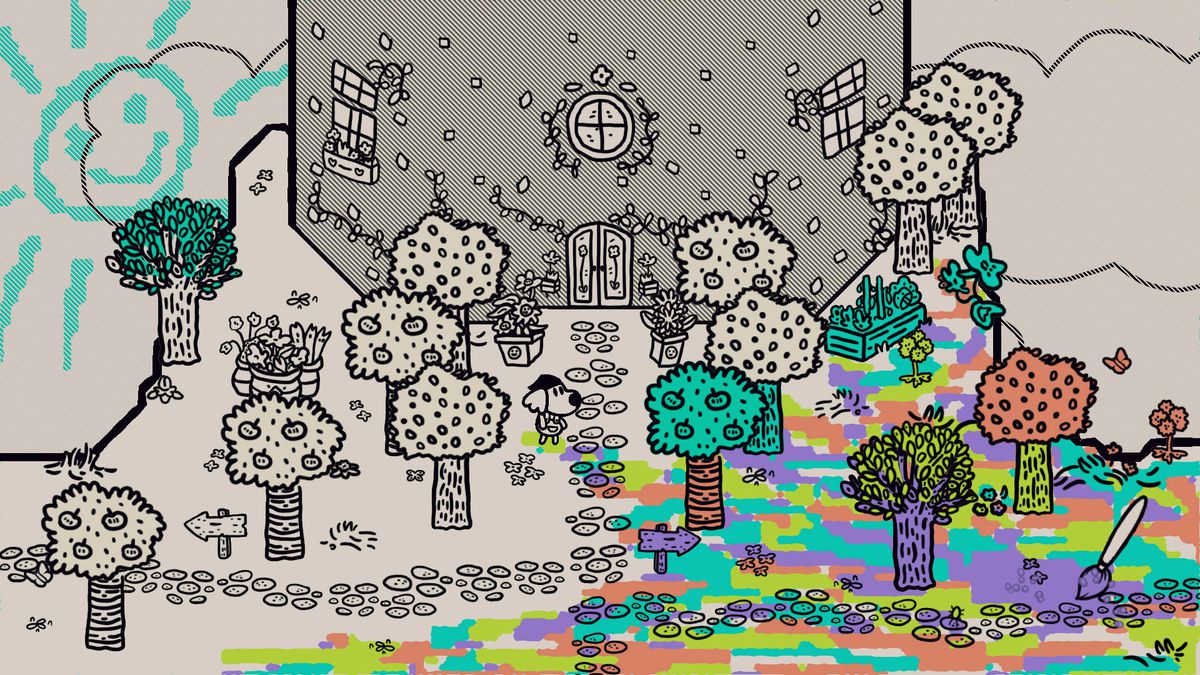 Il personaggio del giocatore lascia la casa di Chicory in Chicory: A Colorful Tale