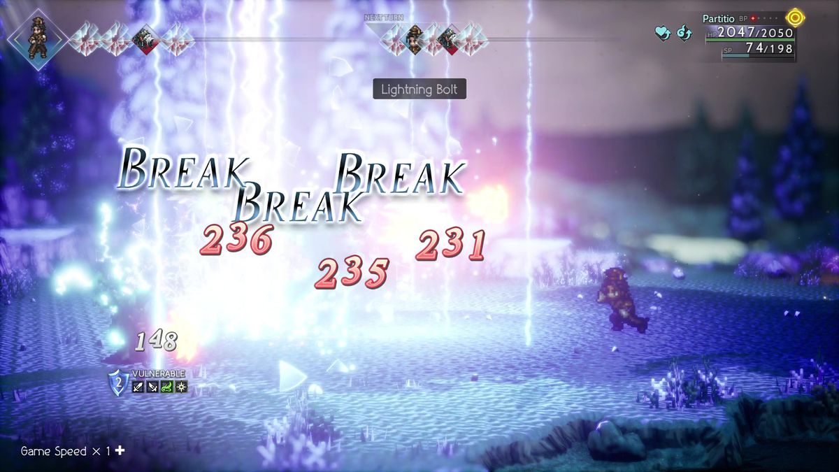 Un personaggio colpisce tre nemici con un potente attacco magico e la parola BREAK appare tre volte, in battaglia in Octopath Traveller 2