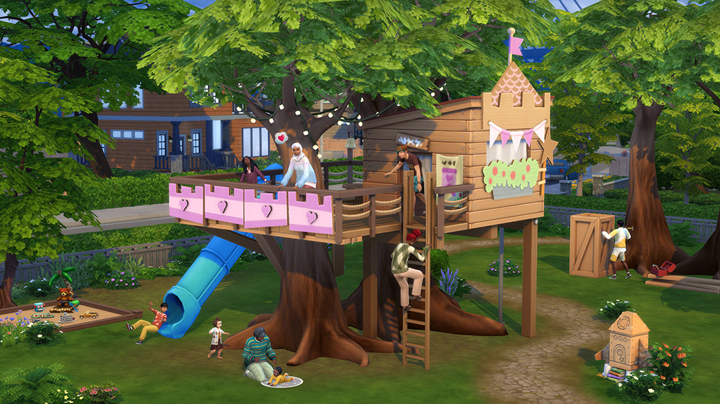 Una casa sull'albero in The Sims 4: Growing Together Expansion Pack.  È decorato con cuori e altri graziosi ritagli, e ci sono alcuni Sims al suo interno.