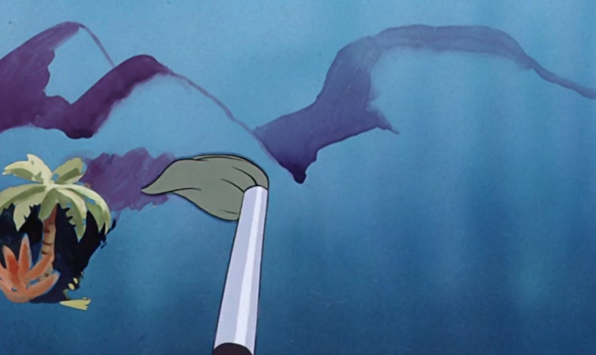 Un pennello da cartone animato traccia sullo schermo il semplice contorno di alcune montagne viola nel cortometraggio Disney “Aquarela do Brasil”