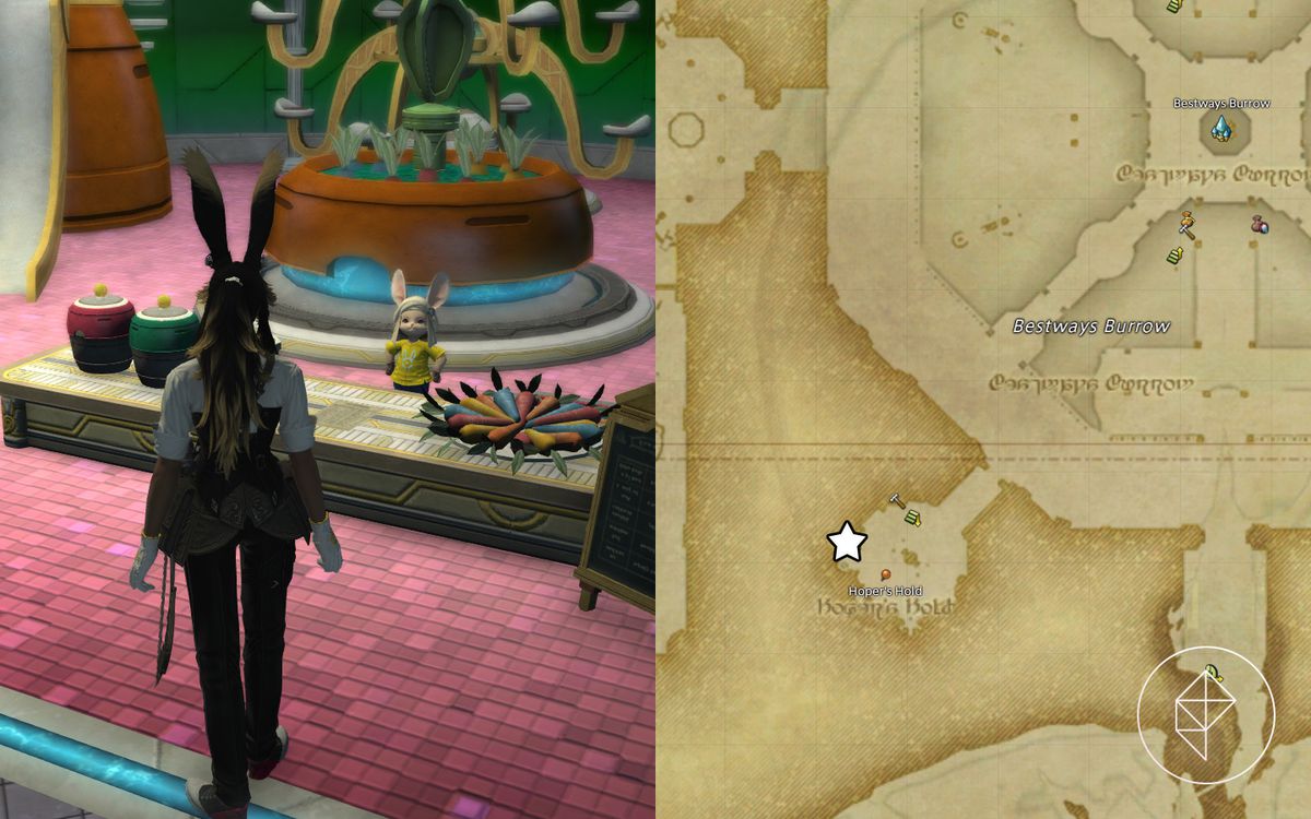 Un Viera si trova di fronte a un Loporrit dietro un bancone in Final Fantasy 14