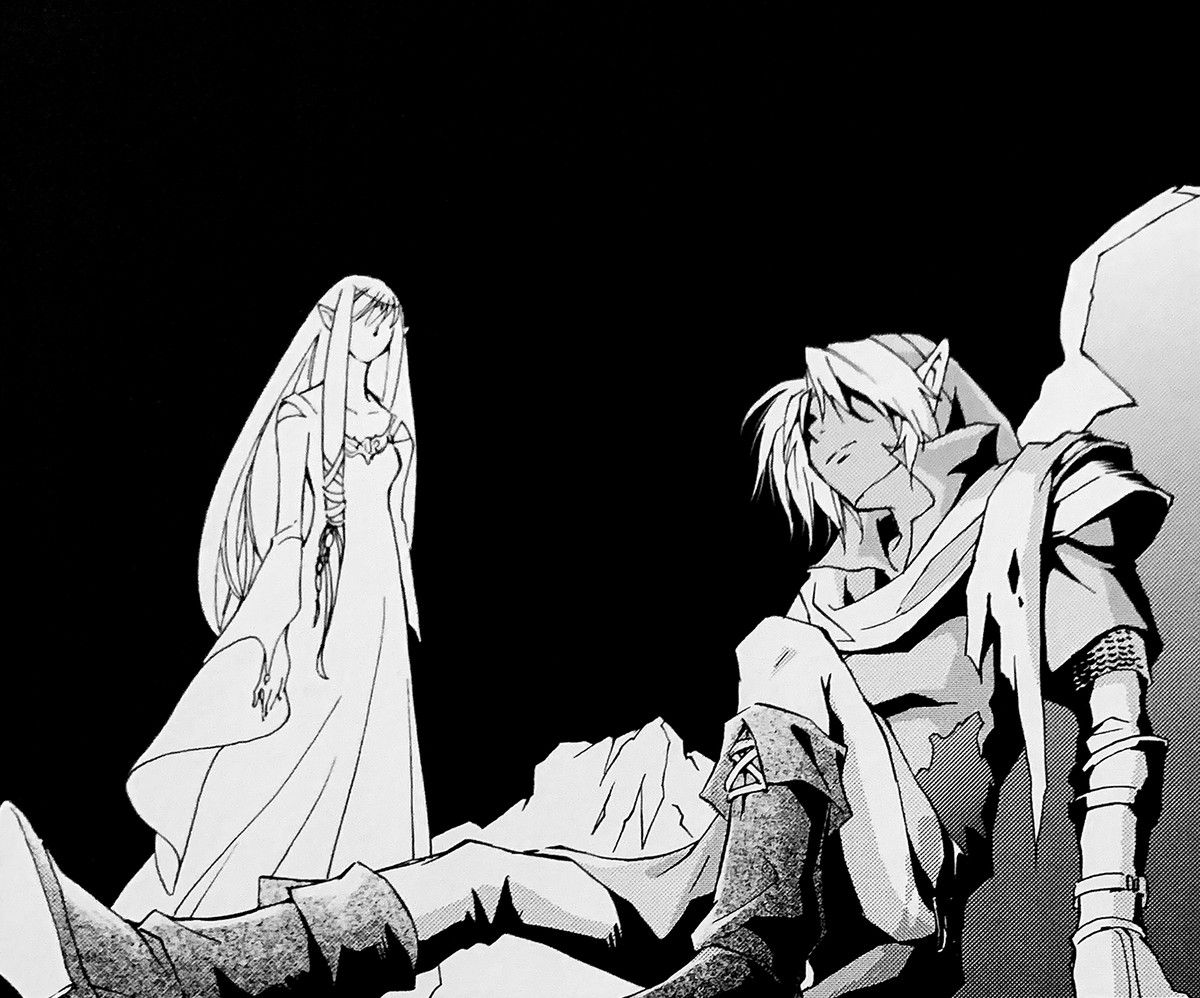 Un pannello che mostra la dea Hylia e l'eroe Link del manga The Legend of Zelda: Skyward Sword.