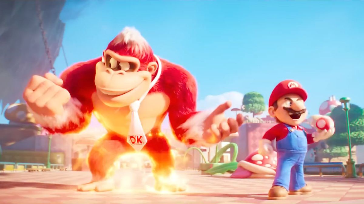 Donkey Kong si guarda il pugno mentre viene consumato dai poteri della fiamma di un fiore di fuoco nel film di Super Mario Bros..
