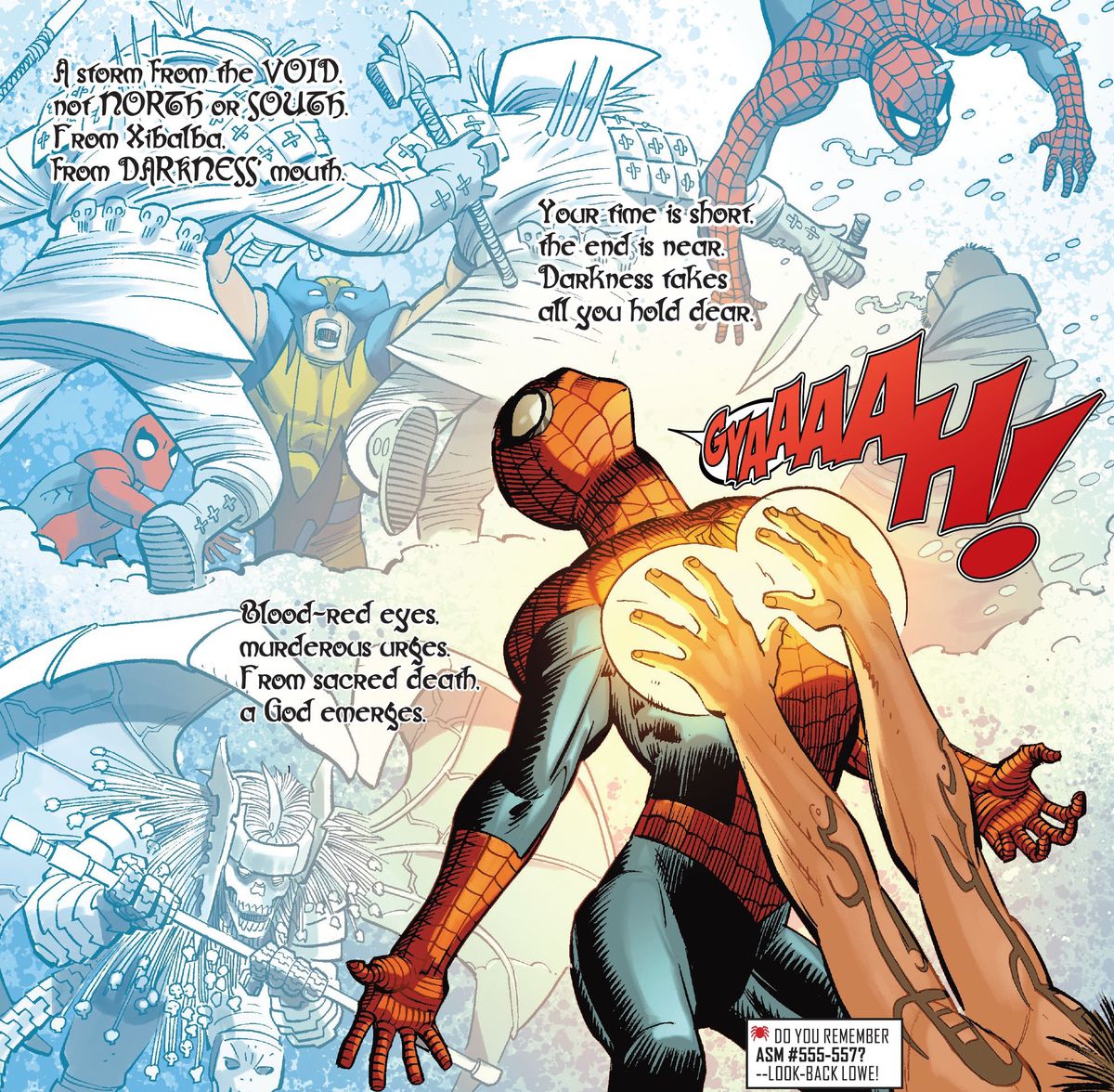 I distici in rima abbondano sulle immagini delle precedenti avventure di Spider-man mentre un ragazzo con strani tatuaggi si tocca il petto con mani ardenti di energia in Amazing Spider-Man # 21 (2023).