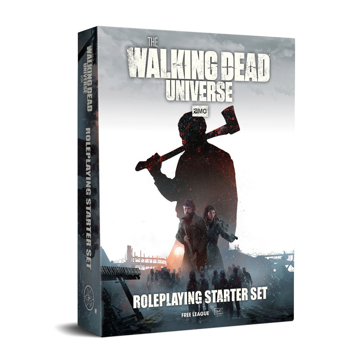 Un mockup dello starter set in scatola per The Walking Dead Universe.  L'arte chiave include un uomo con un'accetta in silhouette.
