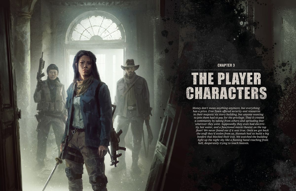 Un campione di uno spread sui personaggi del giocatore.  Include l'arte di tre sopravvissuti pesantemente armati e in piedi nel vestibolo di un edificio abbandonato.
