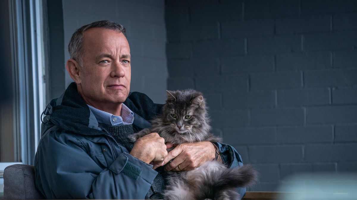 Otto (Tom Hanks) seduto sulla sua veranda tiene in braccio un gatto con un sorrisetto appena visibile sul volto.