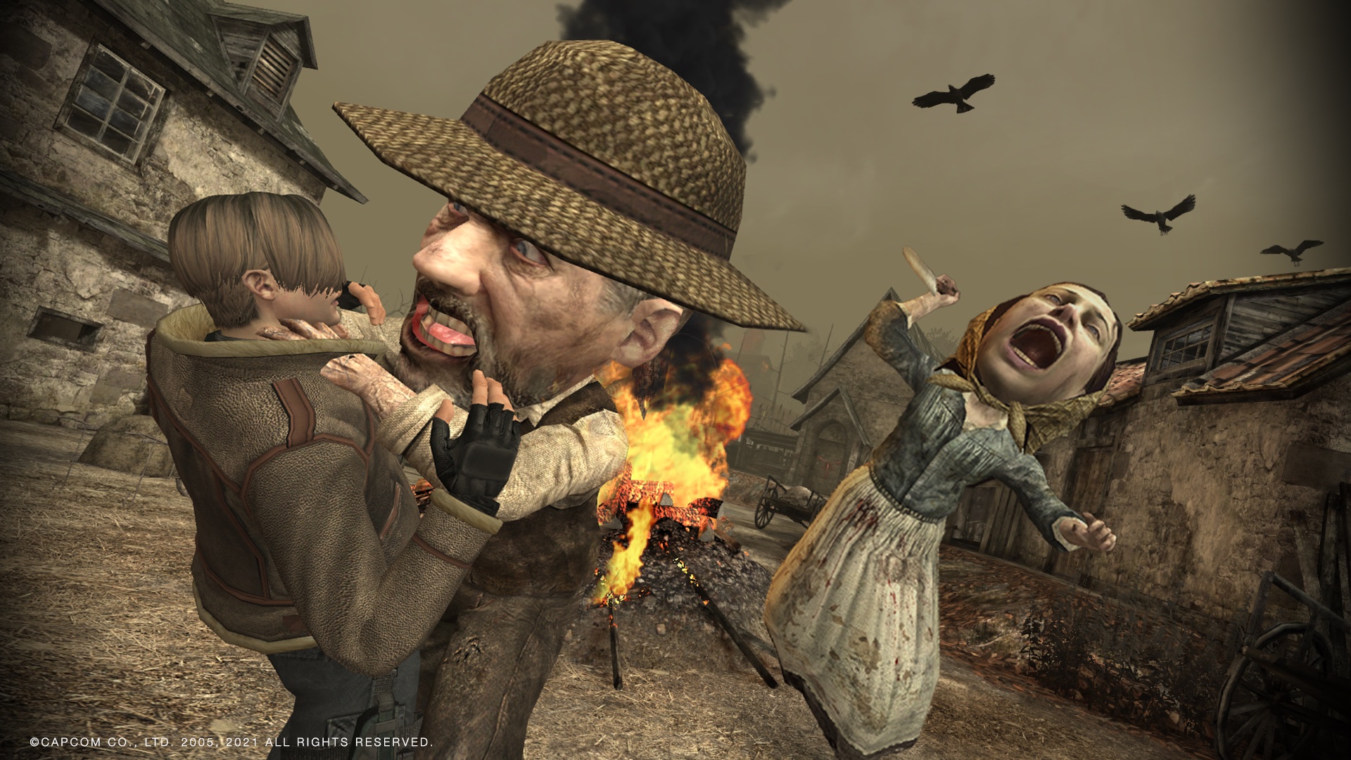 Leon S. Kennedy viene soffocato da un Ganados dalla testa grossa in uno screenshot della modalità The Mercenaries di Resident Evil 4 VR