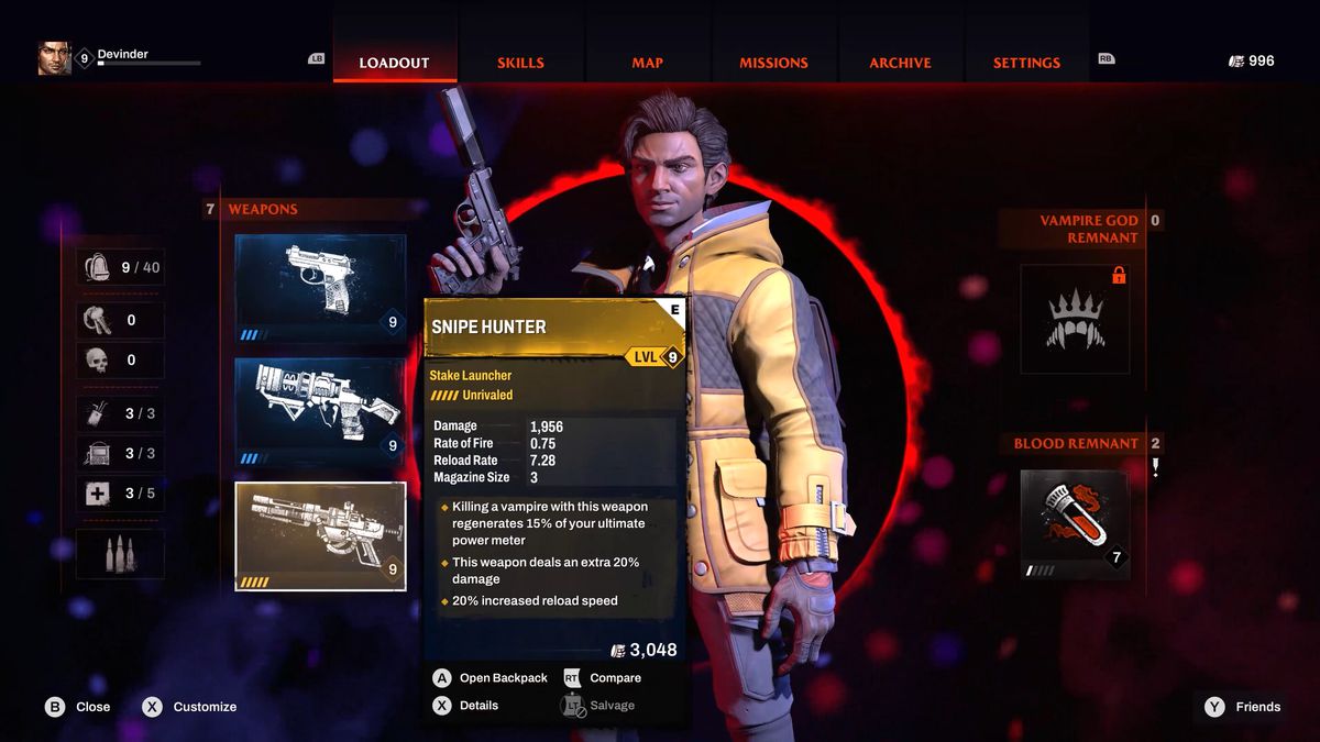 Uno screenshot del sistema di inventario in Redfall che mostra il lanciatore di pali Snipe Hunter di Devinder