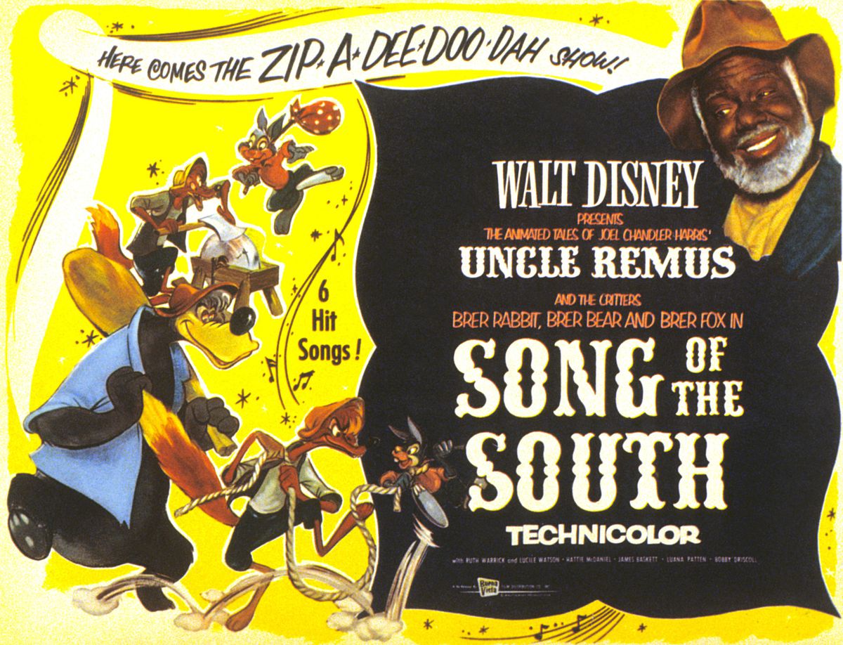 Un poster di Song Of The South del 1946, con il volto dipinto di Uncle Remus (James Baskett) che sorride sulle immagini dei cartoni animati di Brer Rabbit, Brer Fox e Brer Bear