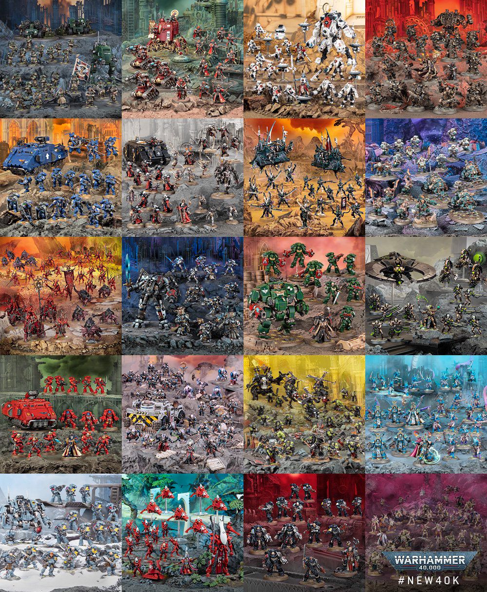 Un collage con 20 diversi eserciti provenienti da tutto l'universo 40K.