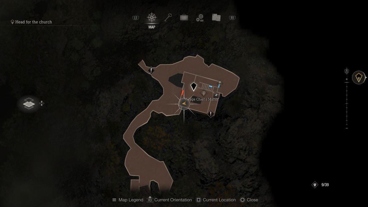 Una posizione sulla mappa di una piccola chiave nell'area del maniero del capo villaggio del remake di Resident Evil 4