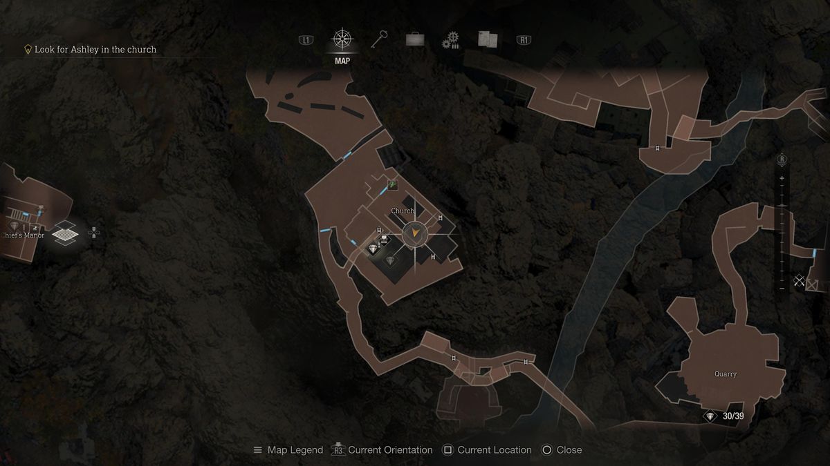 Una posizione sulla mappa di una piccola chiave nell'area della chiesa del remake di Resident Evil 4