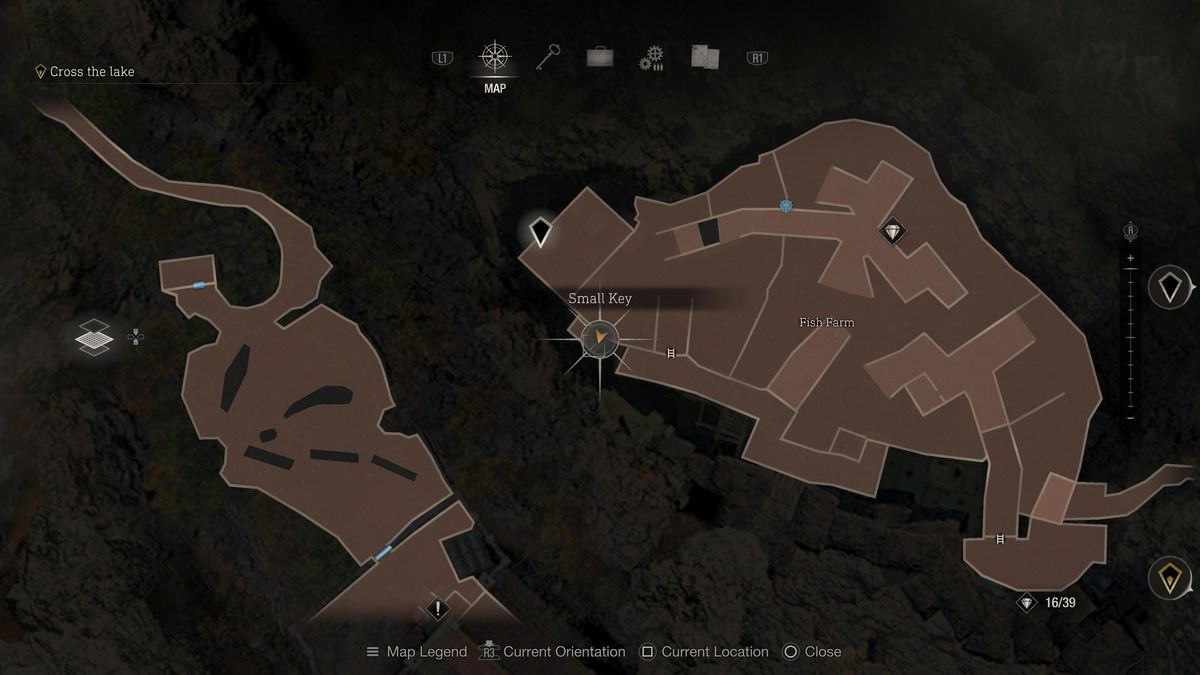 Una posizione sulla mappa di una piccola chiave nell'area dell'allevamento ittico del remake di Resident Evil 4