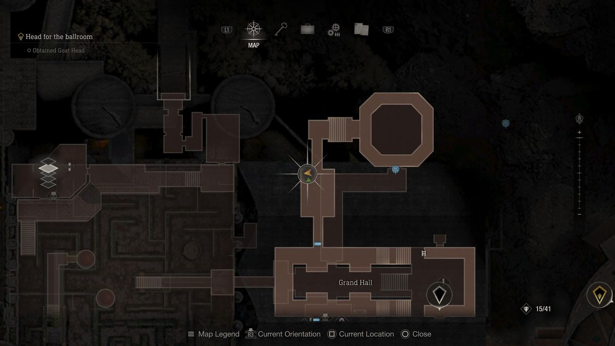 Una posizione sulla mappa di una piccola chiave nell'area della Grand Hall del remake di Resident Evil 4
