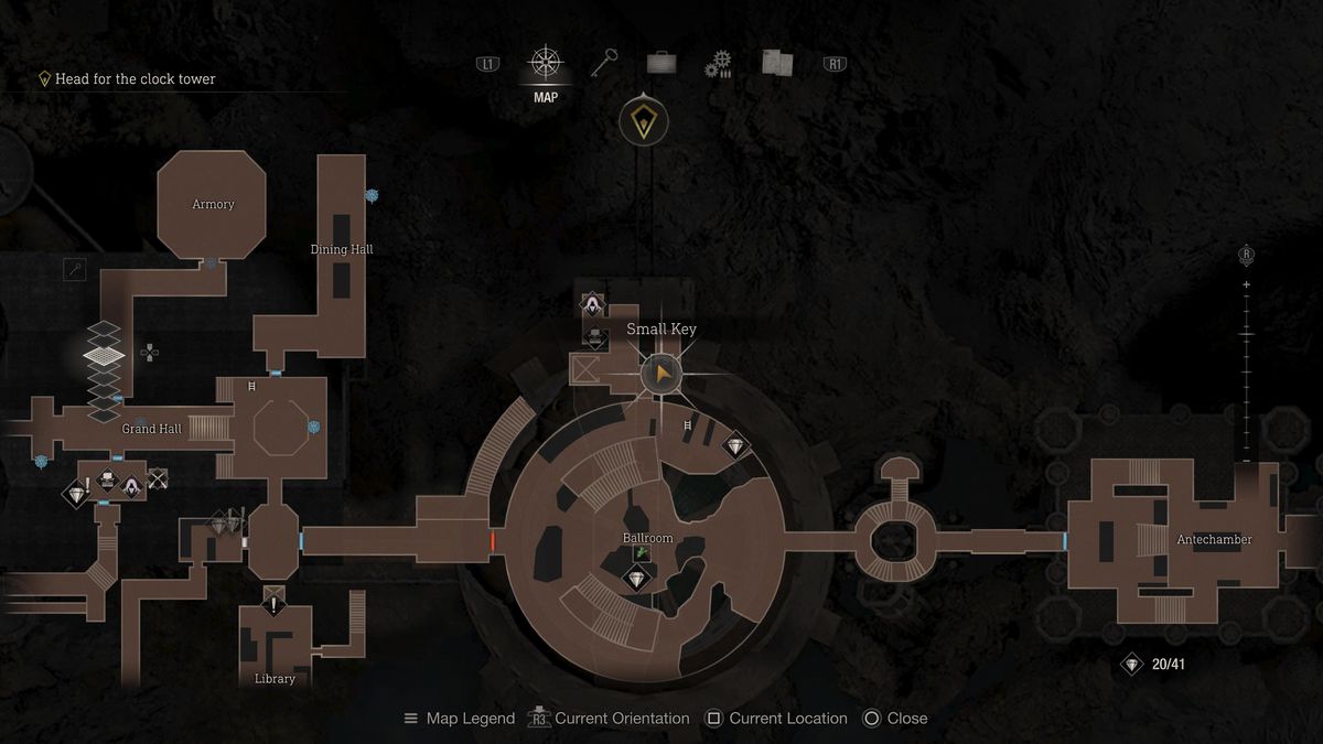 Una posizione sulla mappa di una piccola chiave nell'area della sala da ballo del remake di Resident Evil 4