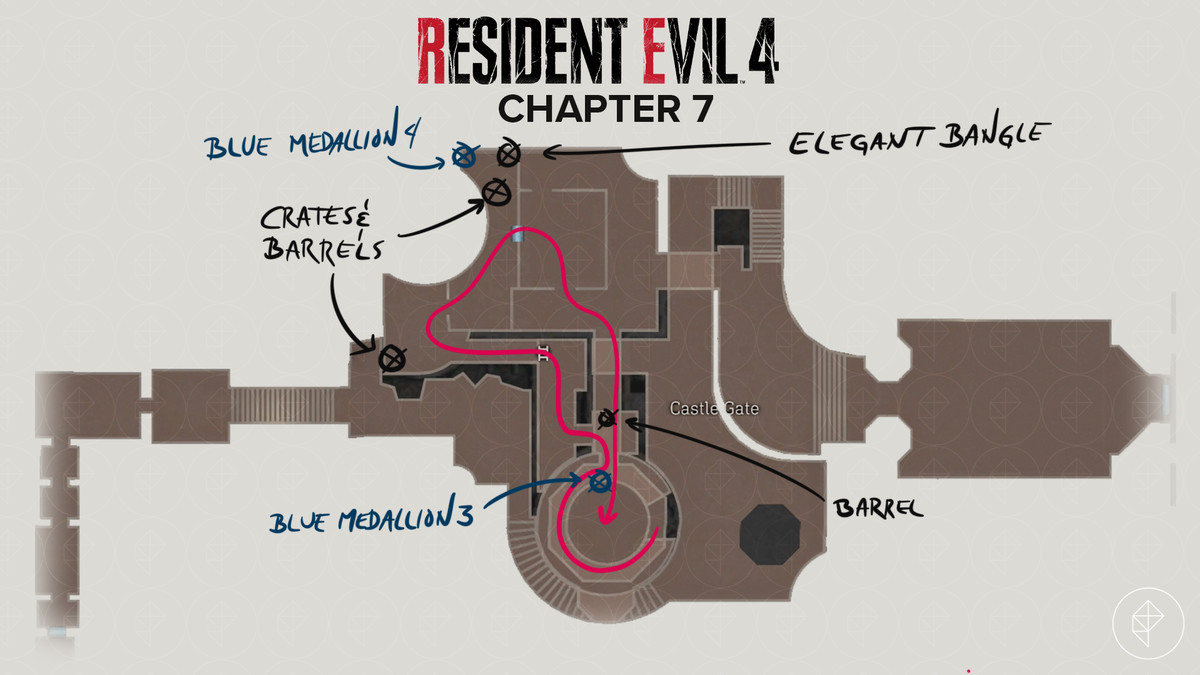 Mappa del remake di Resident Evil 4 della porta del castello con percorso e oggetti