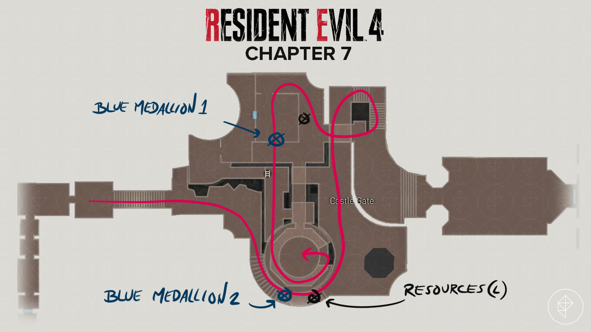 Mappa del remake di Resident Evil 4 intorno alla porta del castello con oggetti