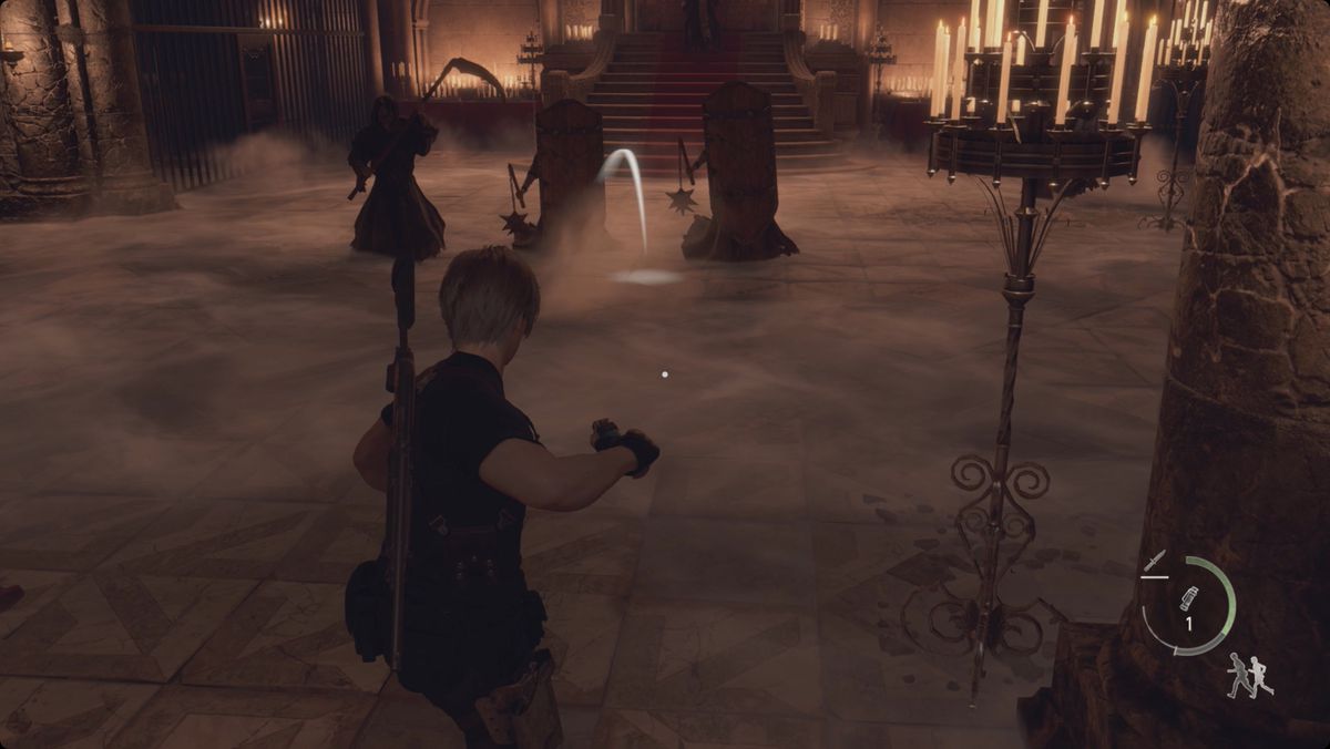 Resident Evil 4 remake Leon affronta alcuni fanatici con gli scudi.