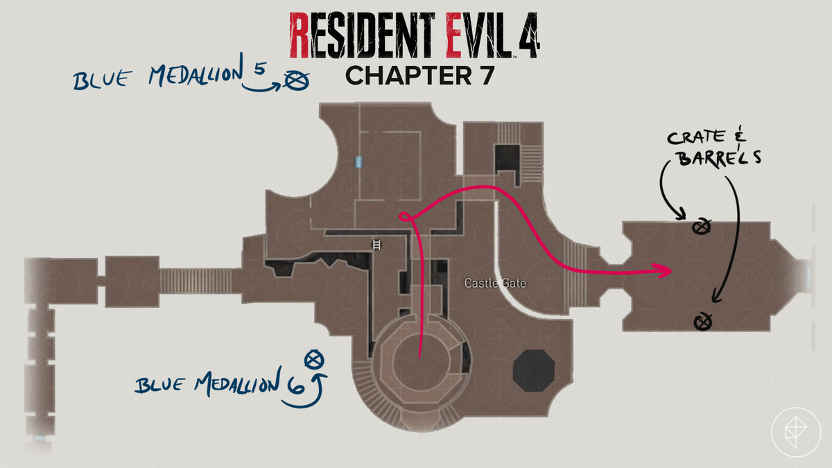 Mappa del remake di Resident Evil 4 della porta del castello con percorso e oggetti